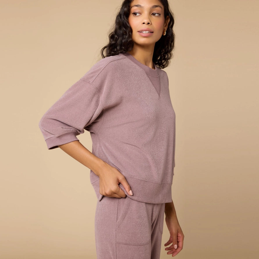 Softies Terry Cropped Sleeve Crew Neck Wide Leg Pant Set
