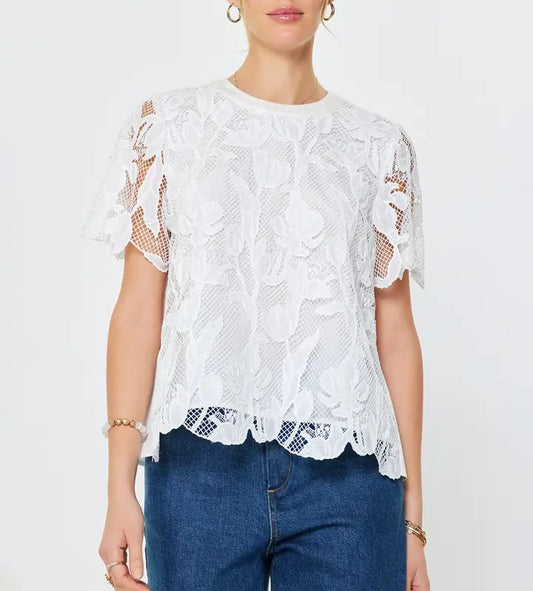Floral Lace Overlay with Pleated Back in White