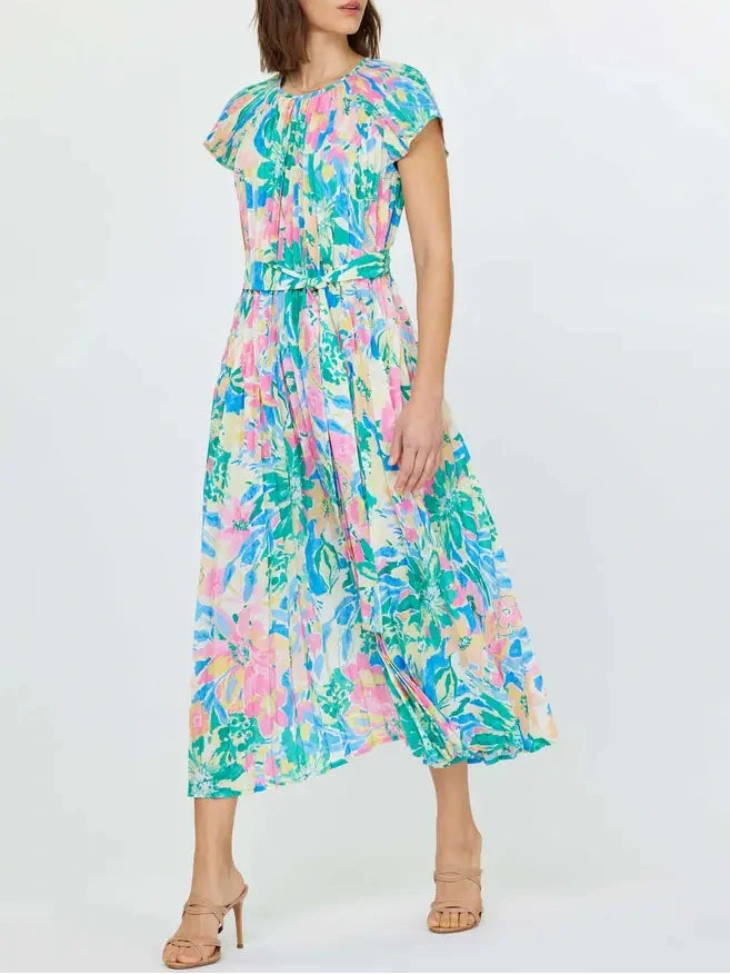 Floral Midi Tie Waist Dress in Multicolor Print