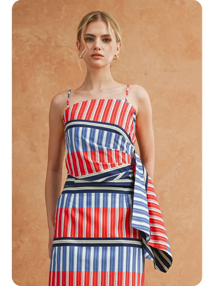 Colorblock Mixed Stripe Tie-Side Cami Top in Red/Blue