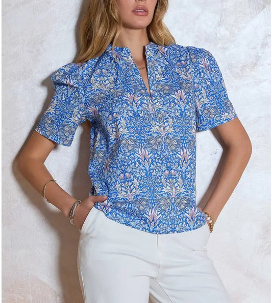 Printed Puff Sleeve Short Sleeve Top in Blue