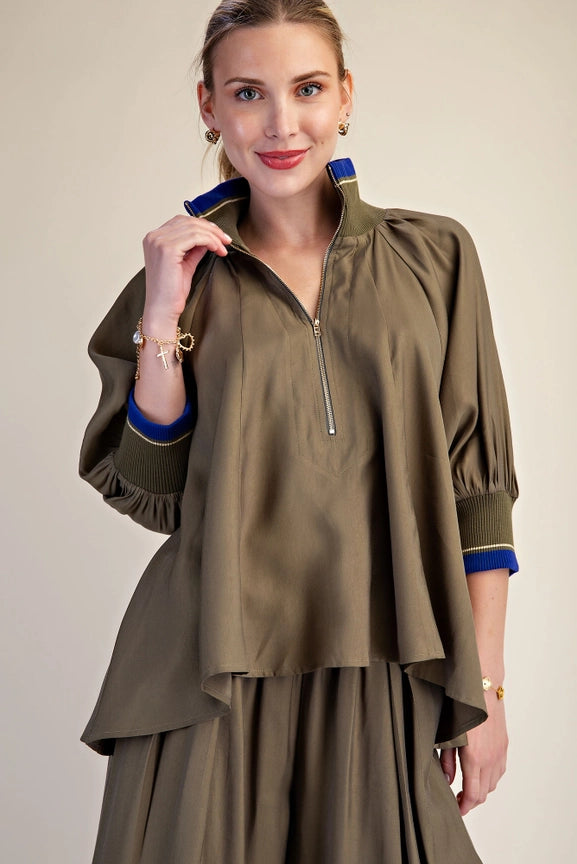Zip Front High Collar Top with Contrastic Band in Olive/Blue