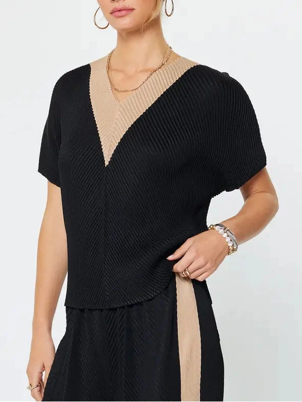 V Neck Dolman Sleeve Pleated Top in Black
