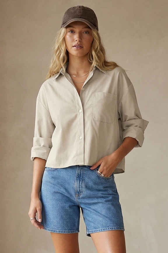 Rolled Sleeve Buttondown in Stone