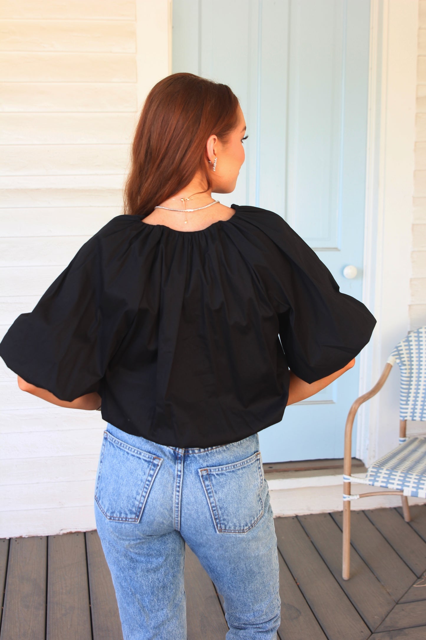 Karlie Solid Poplin Bubble Tie Front Top in Black