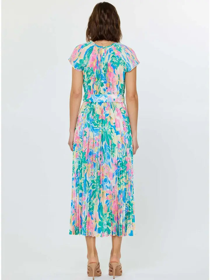 Floral Midi Tie Waist Dress in Multicolor Print