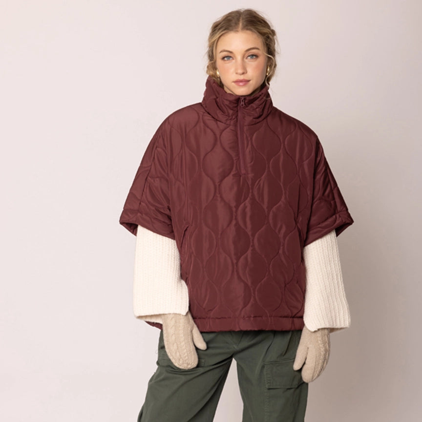 Ovesized Quilted Half Zip Poncho in Burgundy