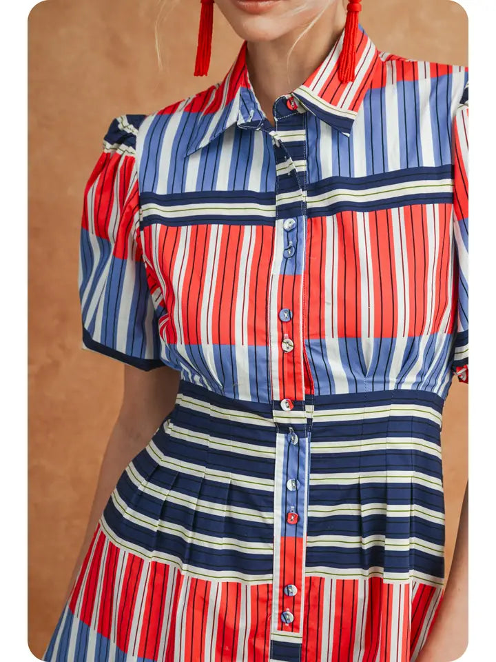 Puff Sleeve Color Block Mixed Stripe Dress in Red/Blue