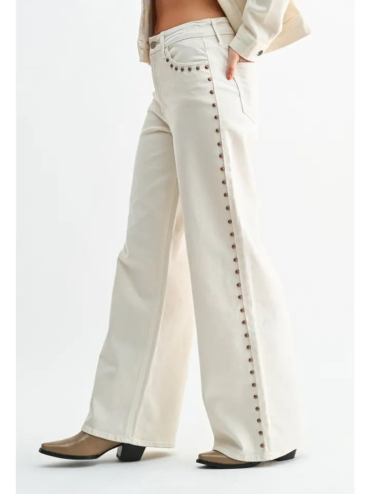 Just Black Denim High Rise Studded Palazzo in Cream