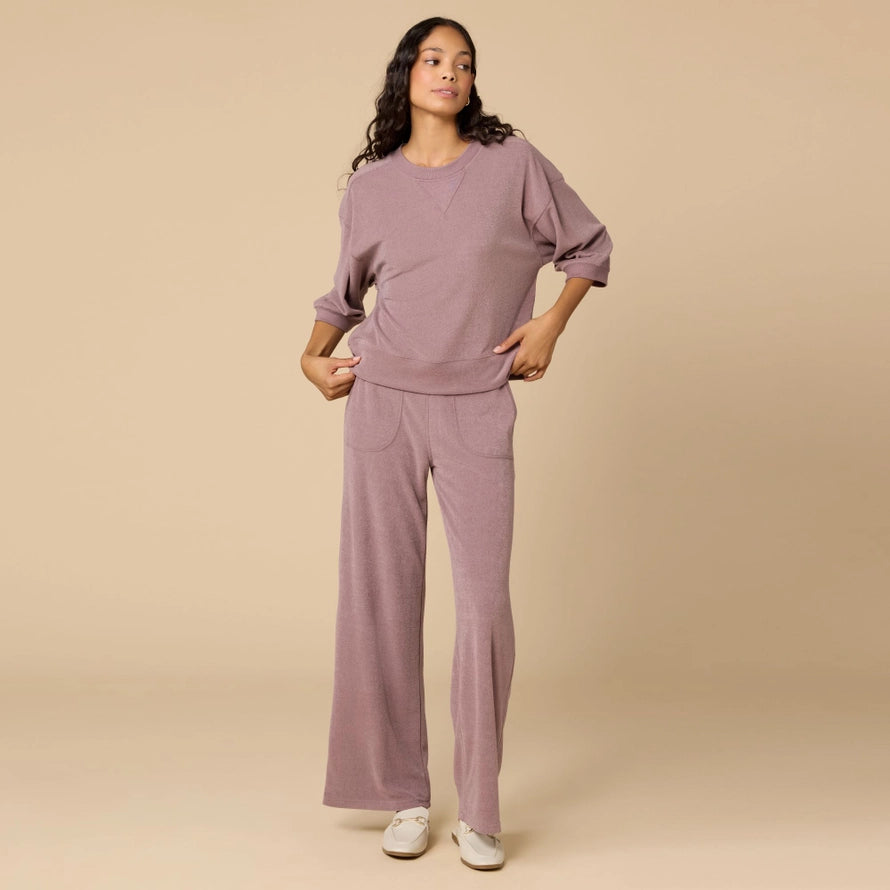 Softies Terry Cropped Sleeve Crew Neck Wide Leg Pant Set