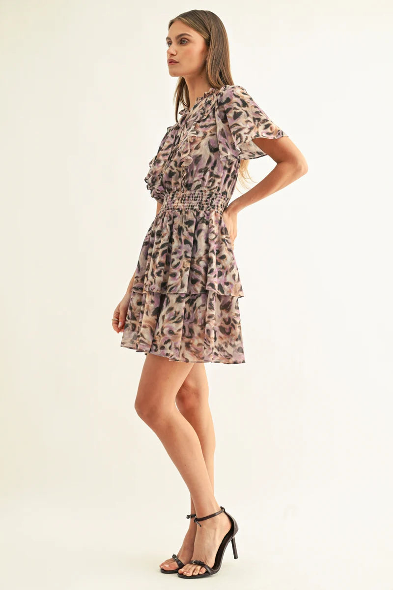 Adelyn Rae Lorena Flutter Sleeve Mini Dress in Lavender Leopard