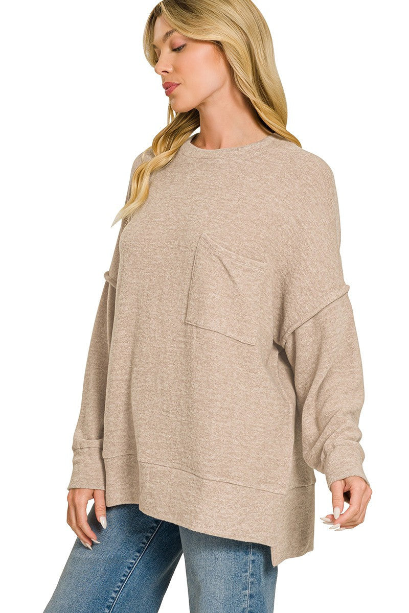 Oversized Knit Pocket Top in Mocha