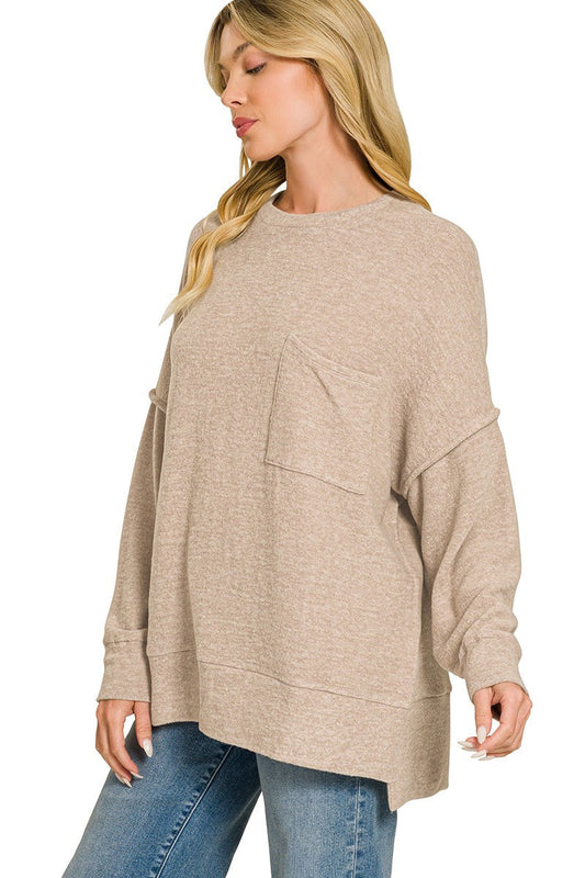 Oversized Knit Pocket Top in Mocha