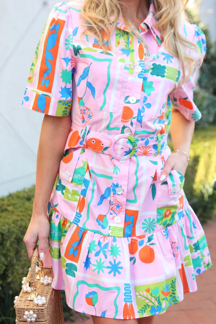 Karlie Belted Shirt Dress in Pink Floral