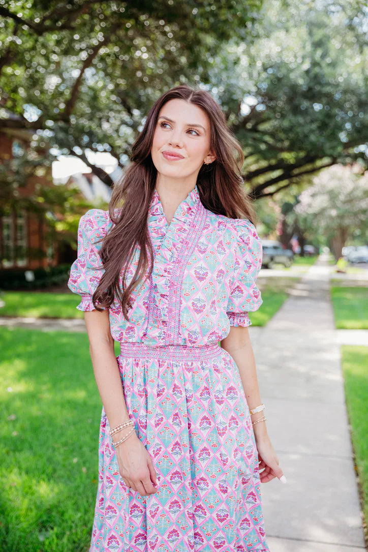 Karlie Ruffled Neck Puff Sleeve Maxi Dress in Paris Floral