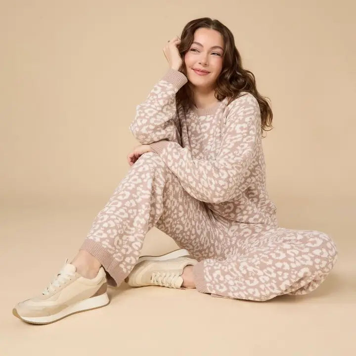 Softies Plush Leopard Print Crew Neck Lounge Set in Almond