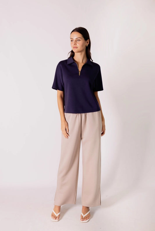 P.Cill Zip Front Short Sleeve Top in Navy