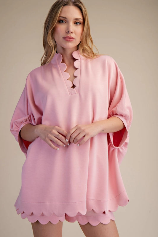 Scalloped Oversized Top with Matching Short Set in Pink