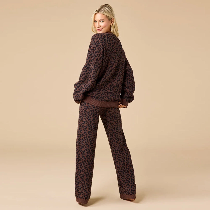 Softies Plush Leopard Print Crew Neck Lounge Set in Espresso