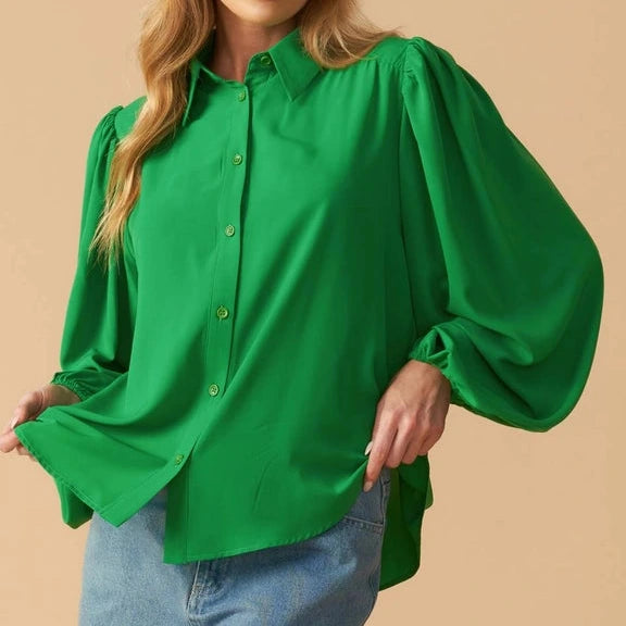 Balloon Sleeve Buttondown Blouse in Green