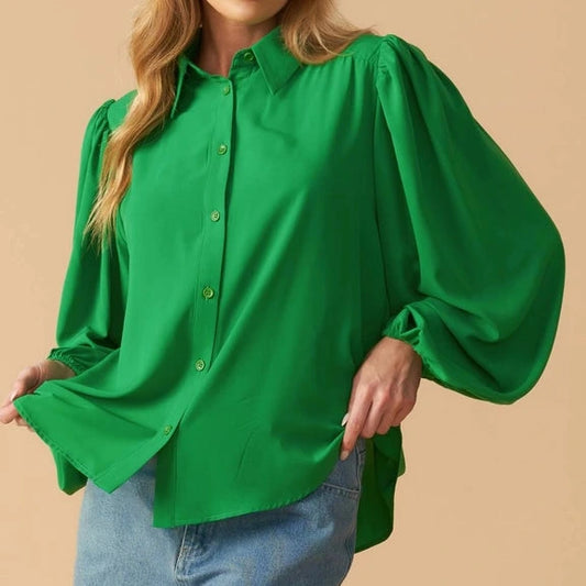 Balloon Sleeve Buttondown Blouse in Green