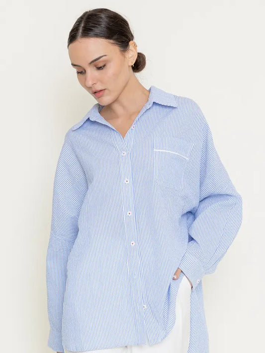 Seersucker Buttondown in Blue+White
