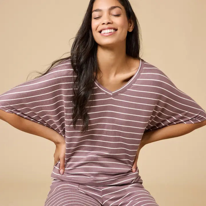 Softies Dream Relaxed V-Neck Capri Set in Driftwood Stripe