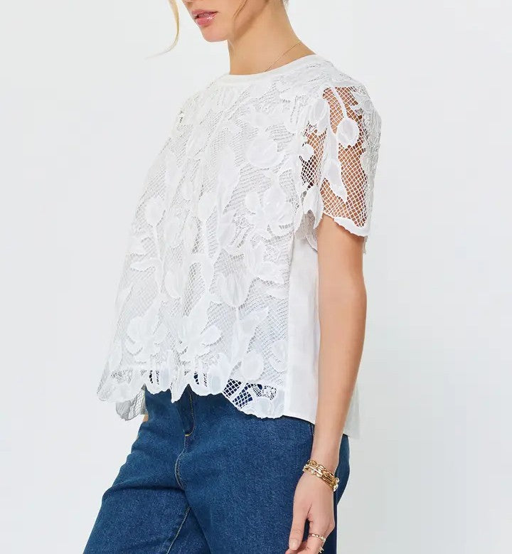 Floral Lace Overlay with Pleated Back in White