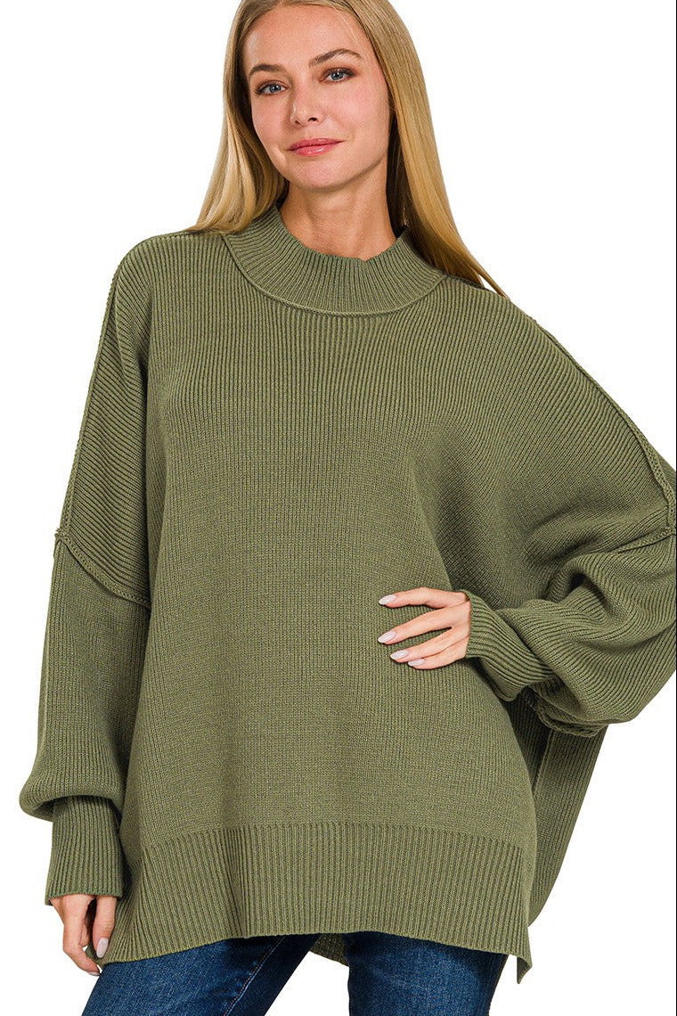 Side Slit Oversized Sweater in Olive