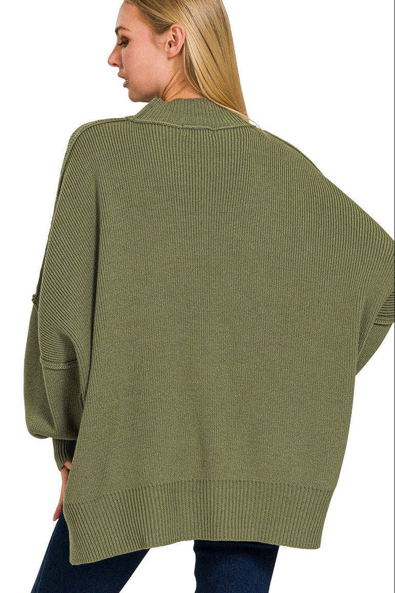 Side Slit Oversized Sweater in Olive