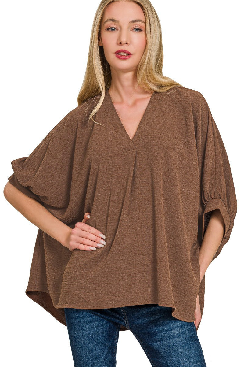 V-Neck Batwing Blouse in Brown