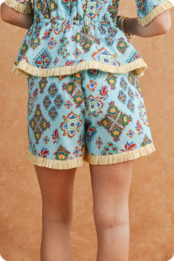 Fringe Trimmed Skort in Turq. Tile Print