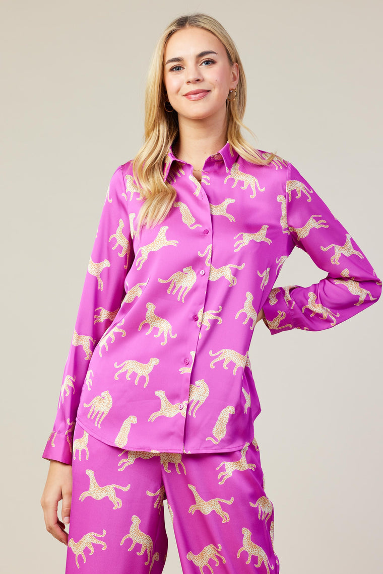 Silky Animal Printed Buttondown in Pink Paws