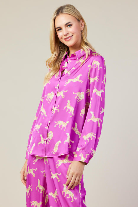 Silky Animal Printed Buttondown in Pink Paws