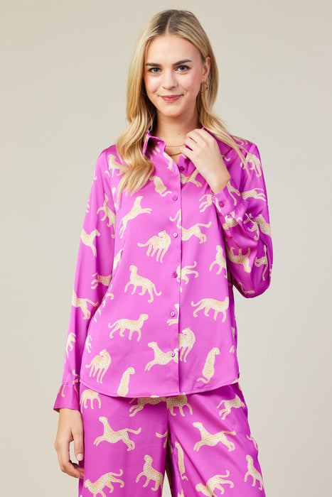 Silky Animal Printed Buttondown in Pink Paws