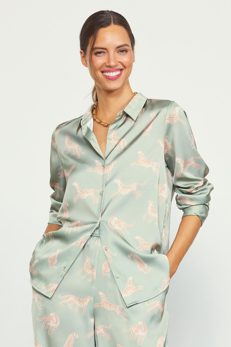 Silky Animal Printed Buttondown in Sage Paws