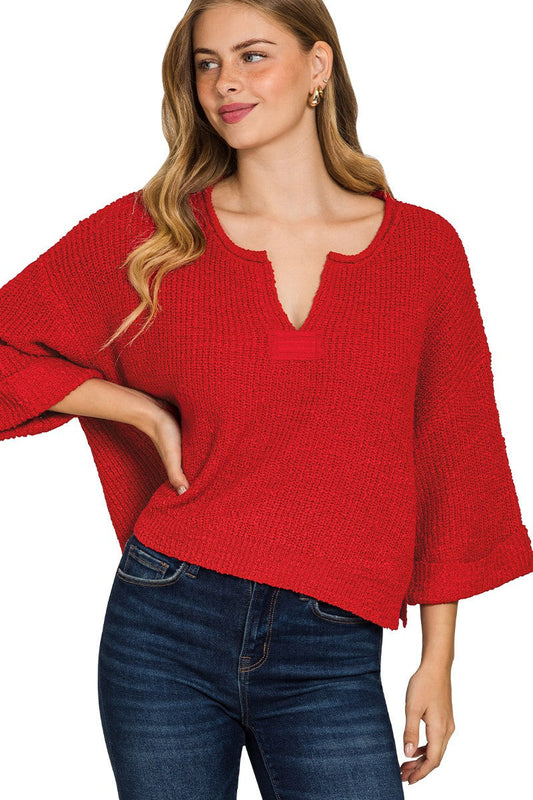 Front Slit Knit Cropped Sweater in Red