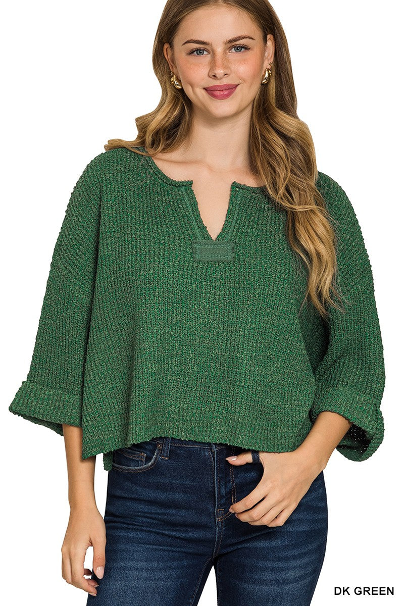 Front Slit Knit Cropped Sweater in Green