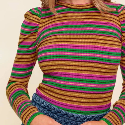 Long Sleeve Striped Sweater in Pink/Green