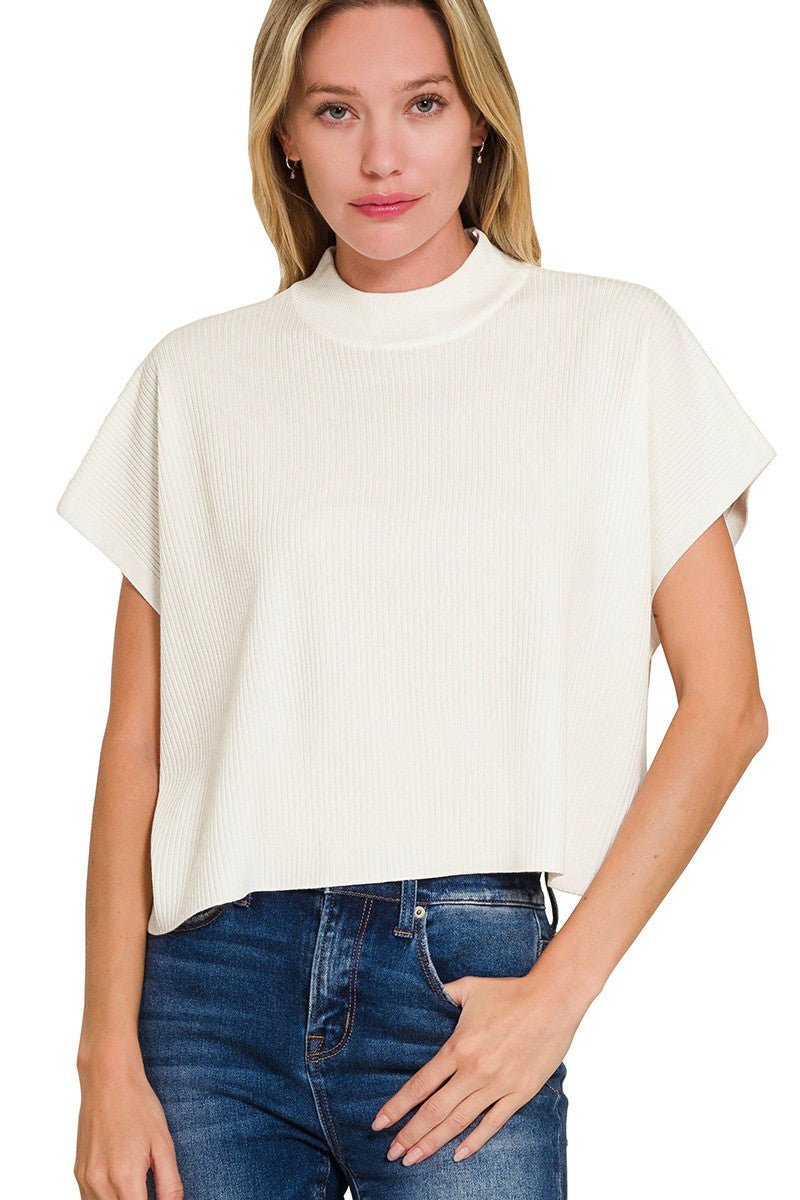 Mock Neck Short Sleeve Sweater in White