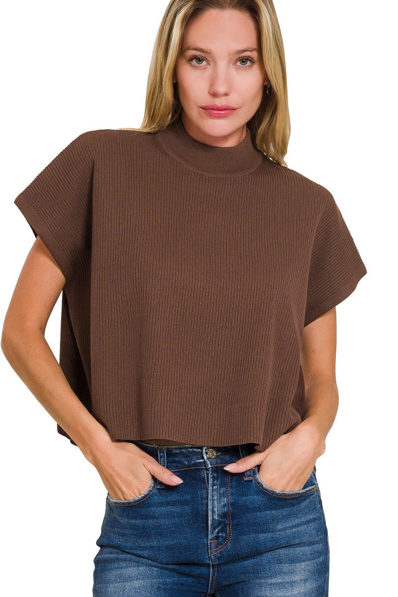 Mock Neck Short Sleeve Sweater in Chocolate