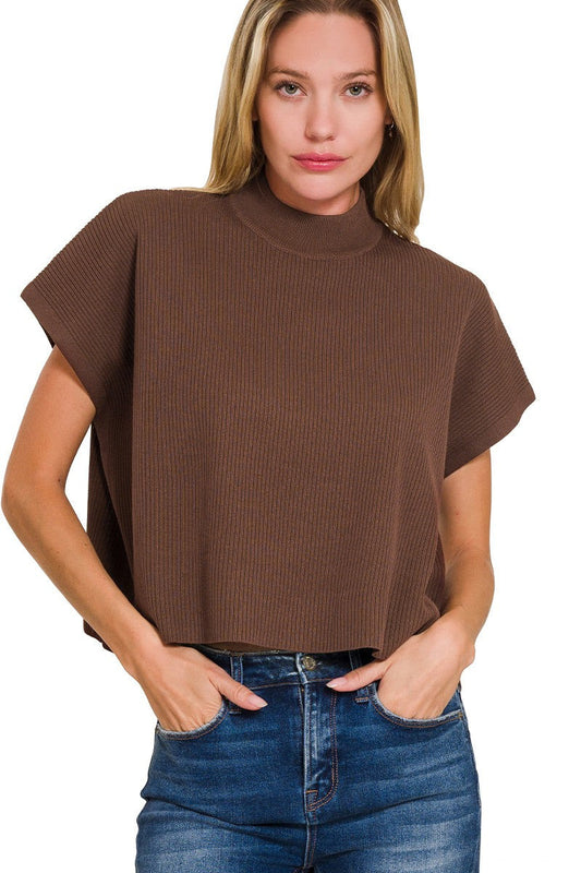 Mock Neck Short Sleeve Sweater in Chocolate
