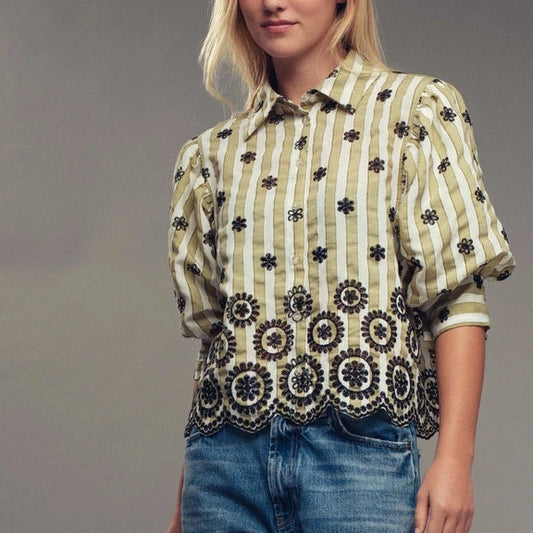 Striped Eyelet Buttondown in Sage/Black