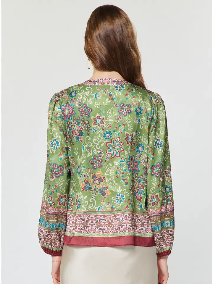 Boho Floral Border Printed Long Sleeve Blouse in Olive