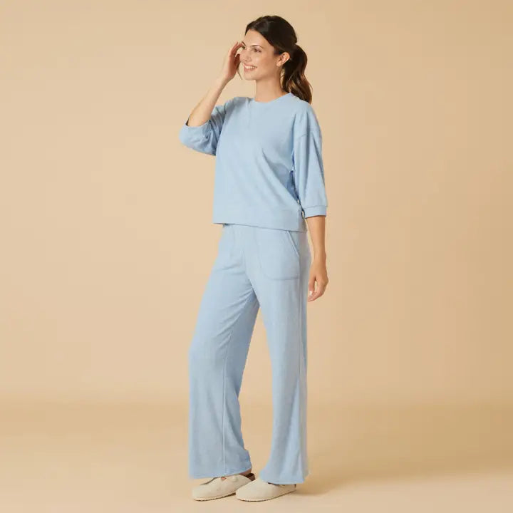 Softies Terry Cropped Sleeve Crew Neck Wide Leg Pant Set