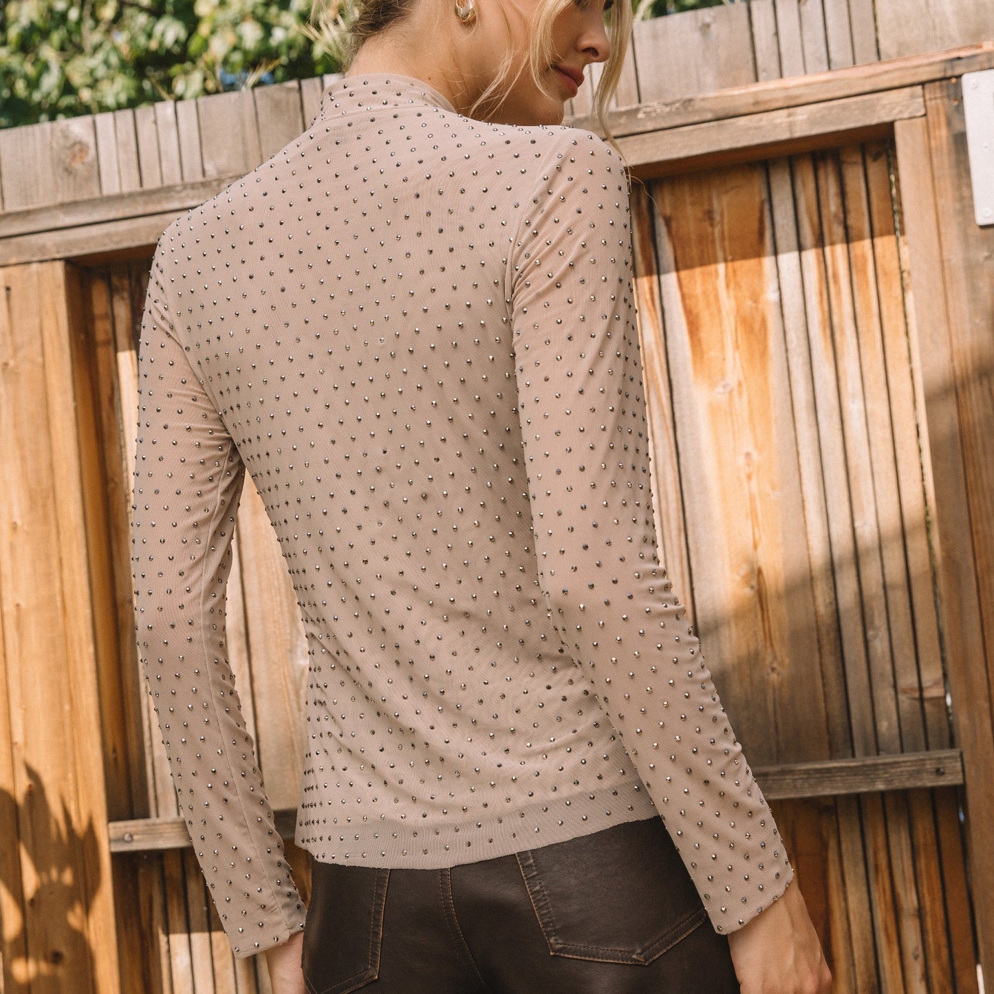 Studded Mock Neck in Beige