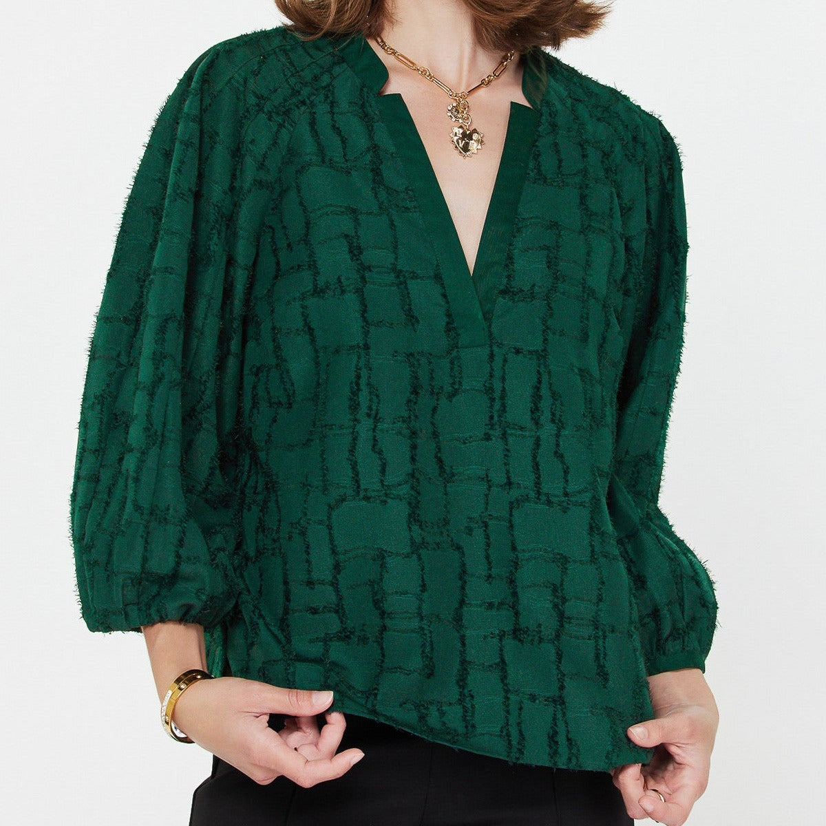 Split Neck Blouse in Textured Emerald