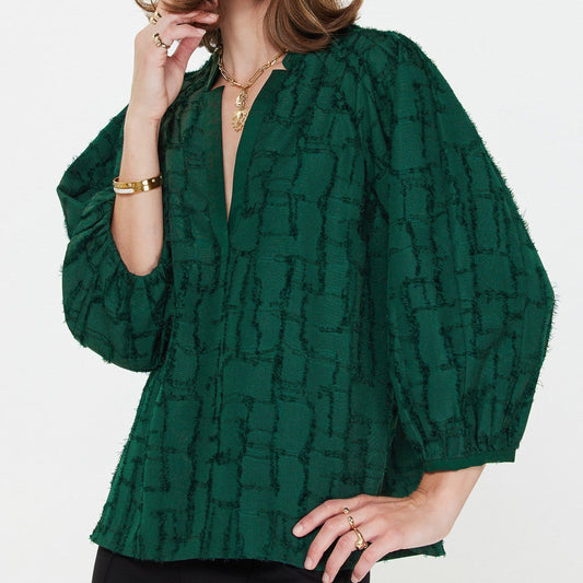 Split Neck Blouse in Textured Emerald