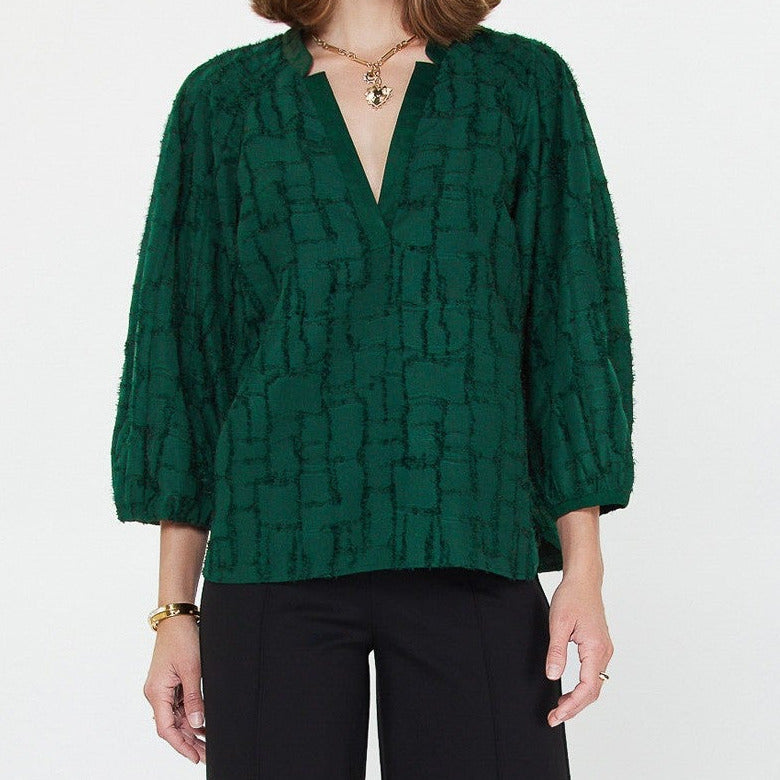 Split Neck Blouse in Textured Emerald