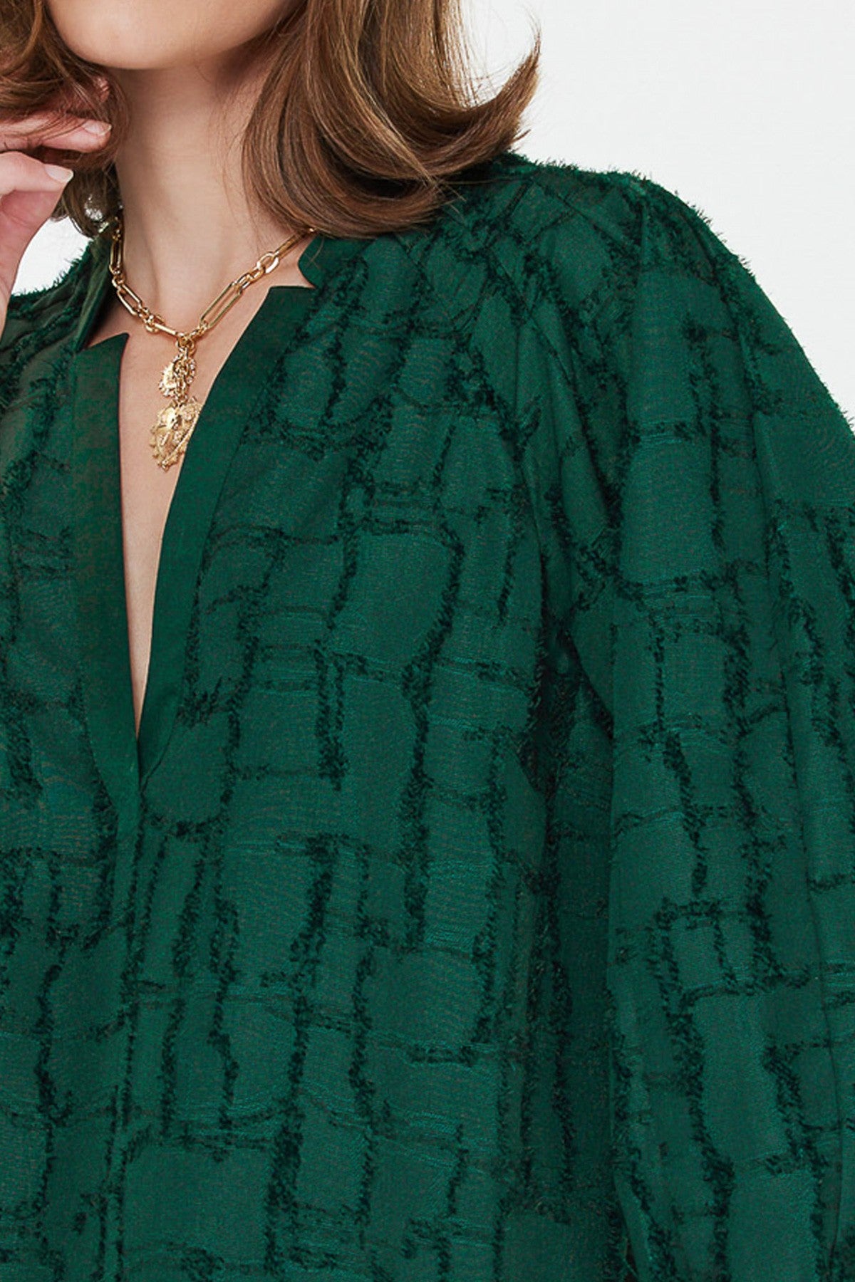 Split Neck Blouse in Textured Emerald